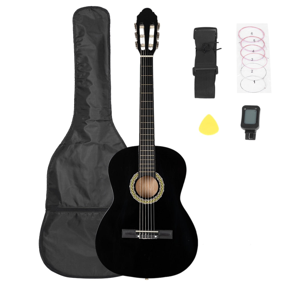 38 inch Classic Guitar with Bag & Board &Belt & Liquid Crystal Tuner & Strings Set Black Guitar Set For Beginners